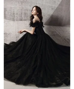 Off Shoulder Feather Long Black Prom Dress for Women
