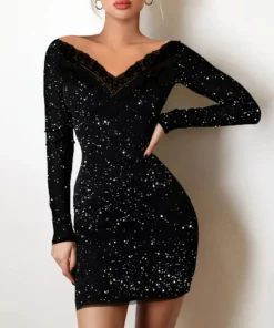 Elegant Long Sleeve Glitter Mesh Split Cocktail Black Prom Dress