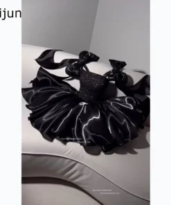 Elegant Glitter A-Line Mini with Bow Straps Sweetheart Neckline Black Prom Dress