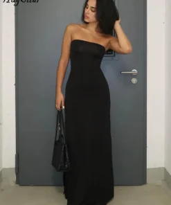 Strapless Long Sleeve Bodycon Maxi Black Prom Dress