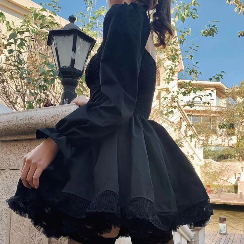 Gothic Black Prom Dress with Puff Sleeves Lace Trim Vintage Lolita Style for Women - Image 3