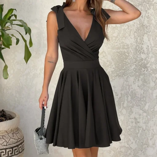 2025 Summer Chiffon Elegant Black Bow Bandage V Neck Ruffle Dress