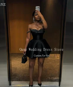Luxury Satin Corset Spaghetti Straps Beaded Black Prom Dress for Women
