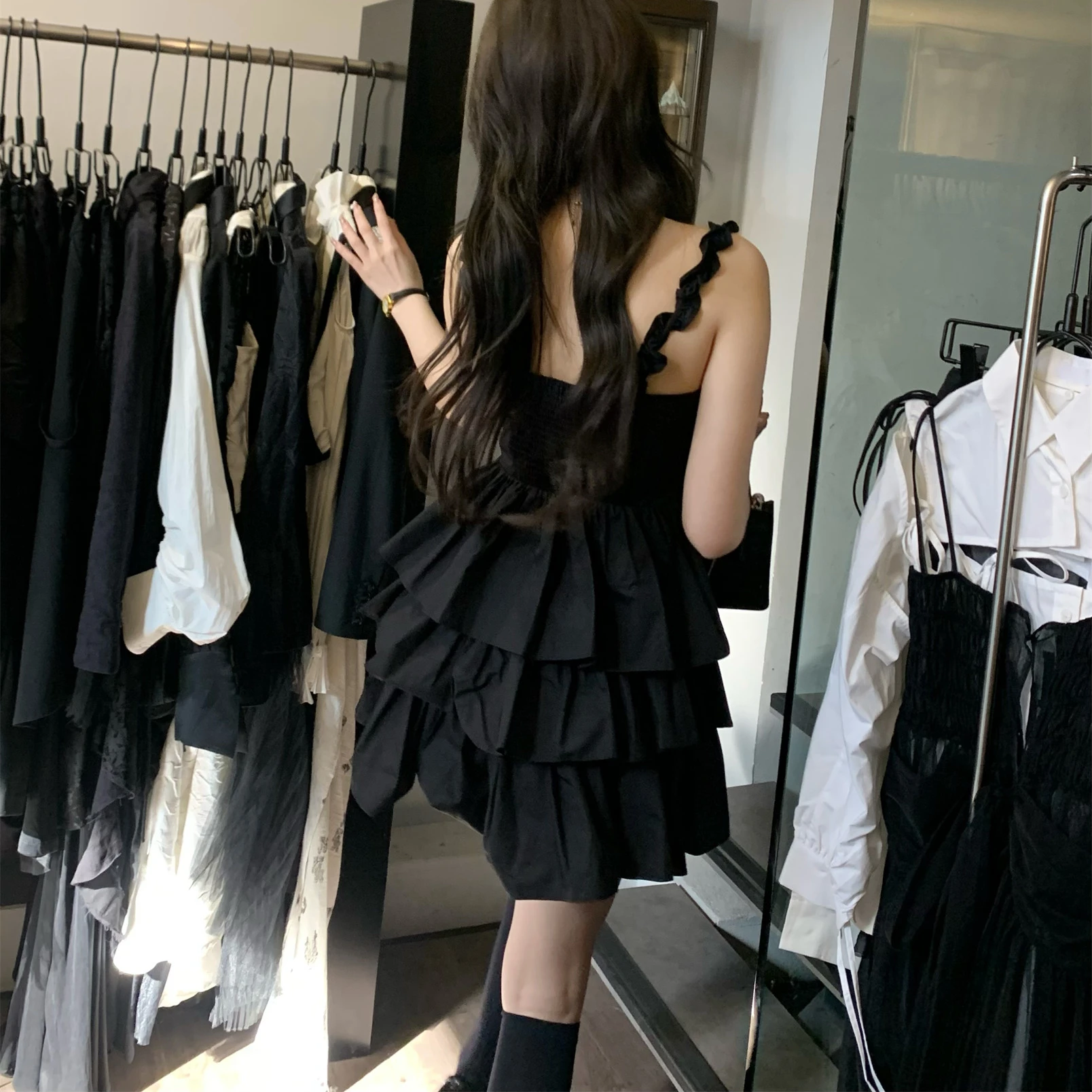 French Style Ruffle A-line Mini Spaghetti Strap Black Prom Dress - Image 5