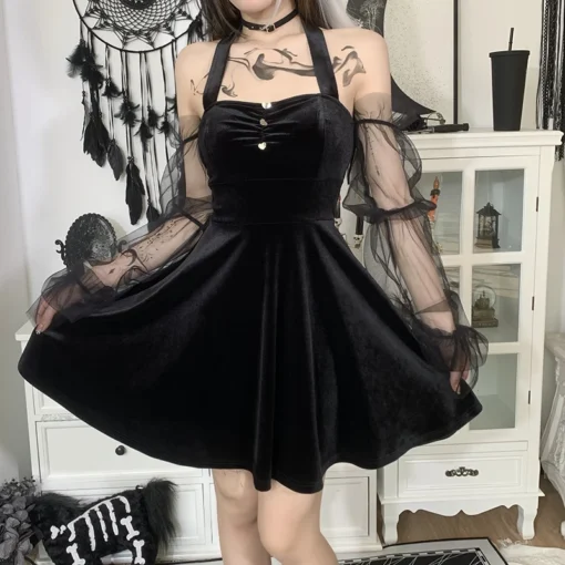Black Prom Dresses Gothic Lolita Backless Suspender Velvet Mini Dress