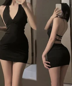 Women Sexy Halter Backless Slim V-neck Wrap Black Party Night Mini Dress
