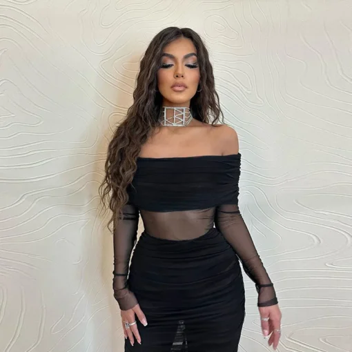 Women’s Mesh See Through Long Sleeve Mini Bodycon Party Dress - Image 2