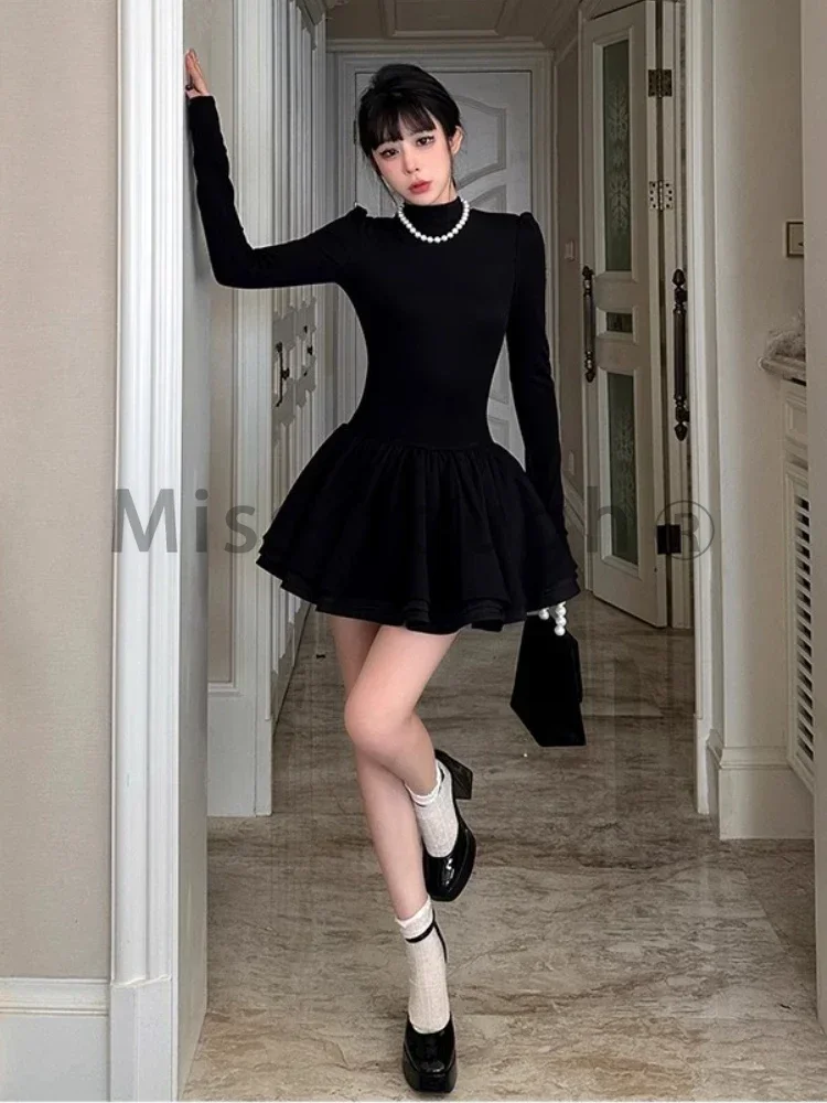 Winter Hepburn Mini Patchwork Slim Korean Style Black Prom Dress - Image 3
