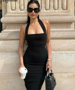 Y2K Elegant Halter Backless Bodycon Maxi Black Party Dress