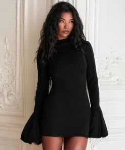 Elegant Long Sleeve Mini Bodycon High Waist Black Prom Dress for Women