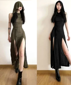 Gothic Sleeveless Hooded Y2K Punk Grunge High Slit Bodycon Dress