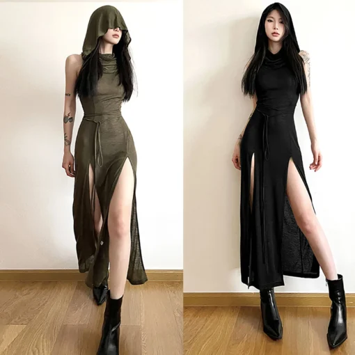 Gothic Sleeveless Hooded Y2K Punk Grunge High Slit Bodycon Dress