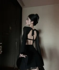 Mini Backless Long Sleeve Sexy Coquette Black Prom Dress