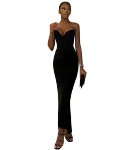 Sexy Strapless Corset V Neck Backless Bodycon Maxi Black Prom Dress