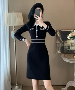 Long Sleeve Polo Neck Knitted A-Line Black Prom Dress for Women