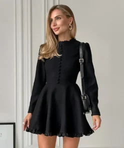 Ruffle Stand Collar Long Sleeve Mini Black Prom Dress