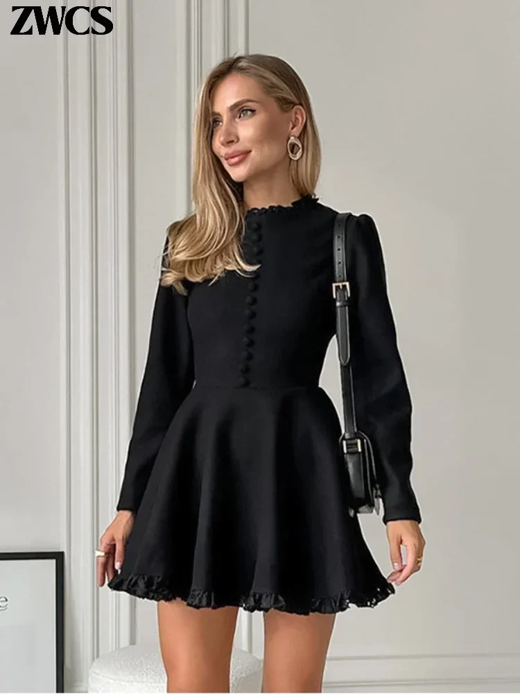 Ruffle Stand Collar Long Sleeve Mini Black Prom Dress
