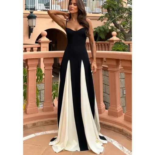 Elegant Black White Patchwork Strap Midi Dress For Party Club - Image 4