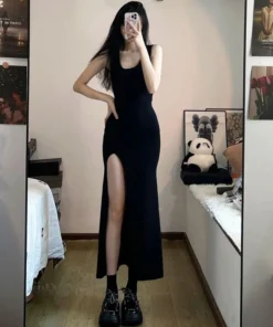 Summer Elegant Slim Fit Sleeveless Split Long Black Prom Dress