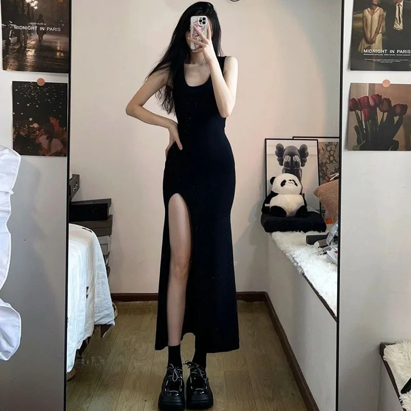 Summer Elegant Slim Fit Sleeveless Split Long Black Prom Dress