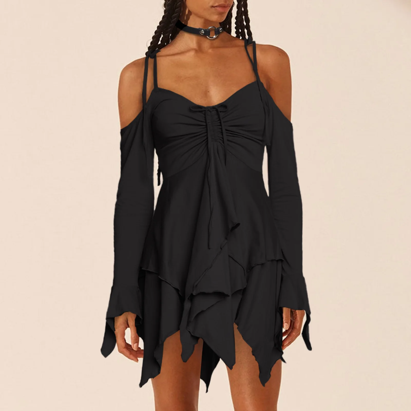 Spaghetti Strap Mini Backless Pleated Black Prom Dress for Women