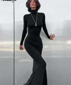 Winter Elegant Long Sleeve Turtleneck Bodycon Maxi Black Prom Dress