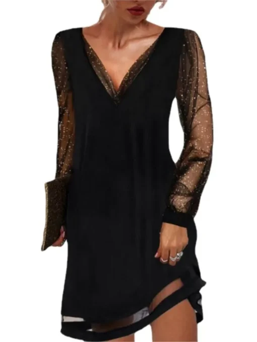 Sexy Black Mesh Sequin V-Neck Midi Dress For Women Party - Image 4