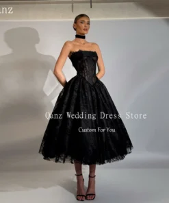 Modern Strapless Lace A-Line Tea Length Black Prom Dress