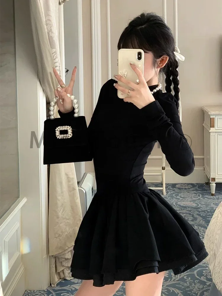 Winter Hepburn Mini Patchwork Slim Korean Style Black Prom Dress - Image 2