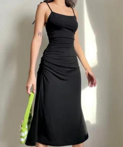 Elegant Backless Strappy Ruched Irregular Long Black Prom Dress