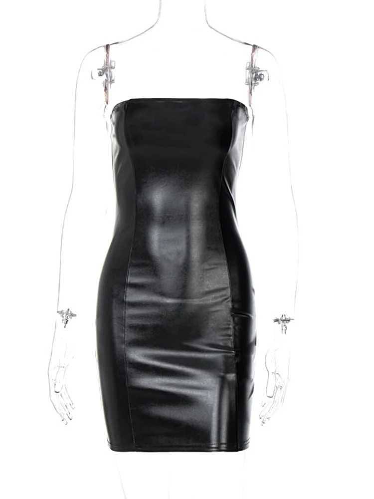 Y2K Streetwear Sexy PU Leather Tube Bodycon Mini Black Prom Dress - Image 8