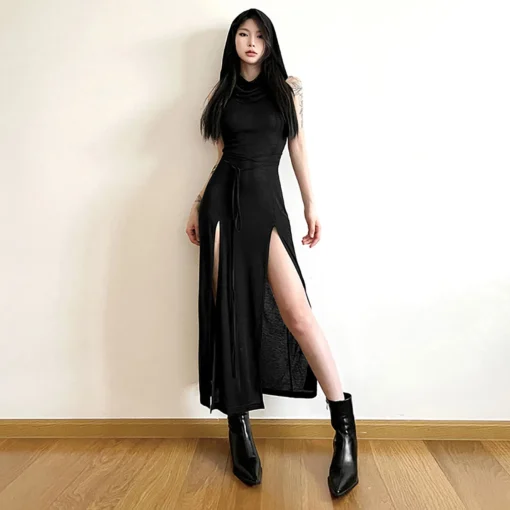 Gothic Sleeveless Hooded Y2K Punk Grunge High Slit Bodycon Dress - Image 4