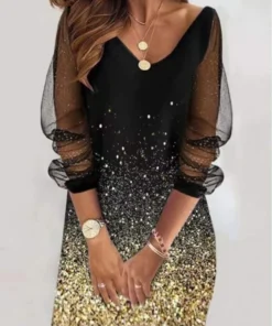 Sexy Mesh Sleeve V-Neck Sequin Bodycon Mini Black Prom Dress