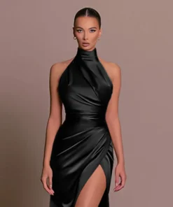 Elegant Stand Collar Sleeveless Slim Fit Slit Black Prom Dress