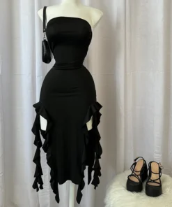 Skinny Strapless Tassel Split Bodycon Maxi Black Prom Dress