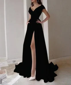 Elegant Sleeveless Ruffle Split Black Prom Dress for Women