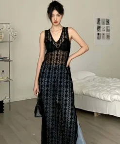 Summer Sexy Lace Mesh Sleeveless Maxi Backless Black Prom Dress