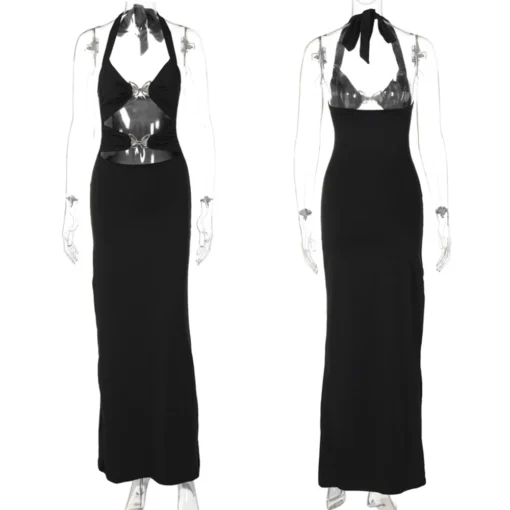 Sexy Hollow Out Maxi Dress Bow Halter Sleeveless Bodycon Party Dress - Image 4
