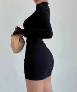 Y2K Turtleneck Long Sleeve Bodycon Mini Black Prom Dress for Women
