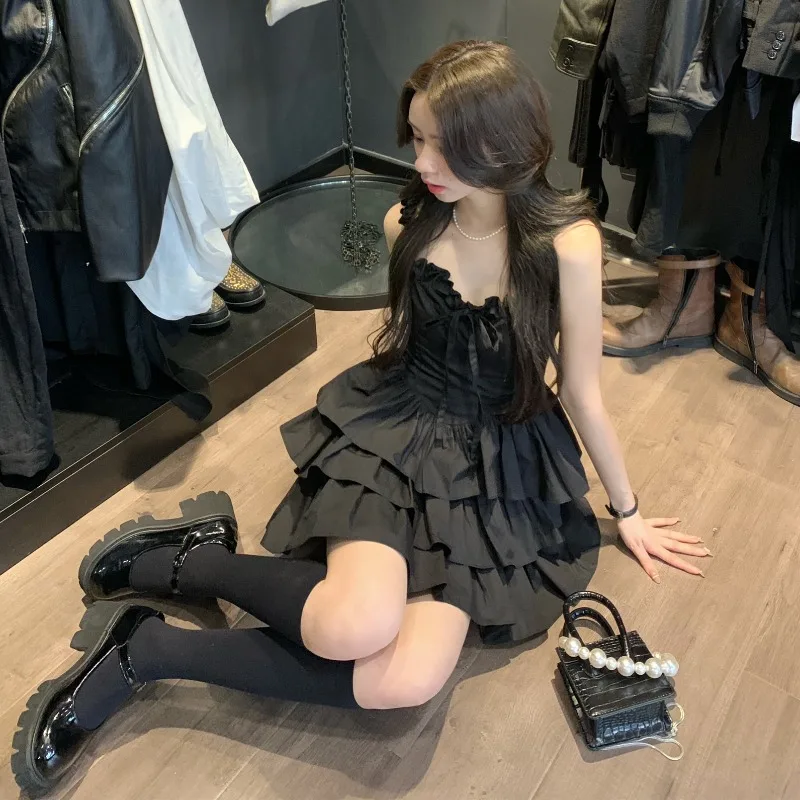 French Style Ruffle A-line Mini Spaghetti Strap Black Prom Dress - Image 8