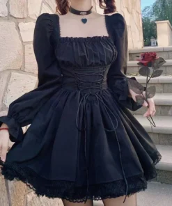 Gothic Black Prom Dress with Puff Sleeves Lace Trim Vintage Lolita Style for Women