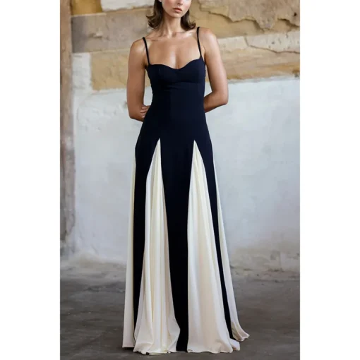 Elegant Black White Patchwork Strap Midi Dress For Party Club - Image 3