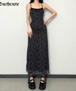 Floral Gothic Sleeveless Black Maxi Vintage Aesthetic Evening Prom Dress