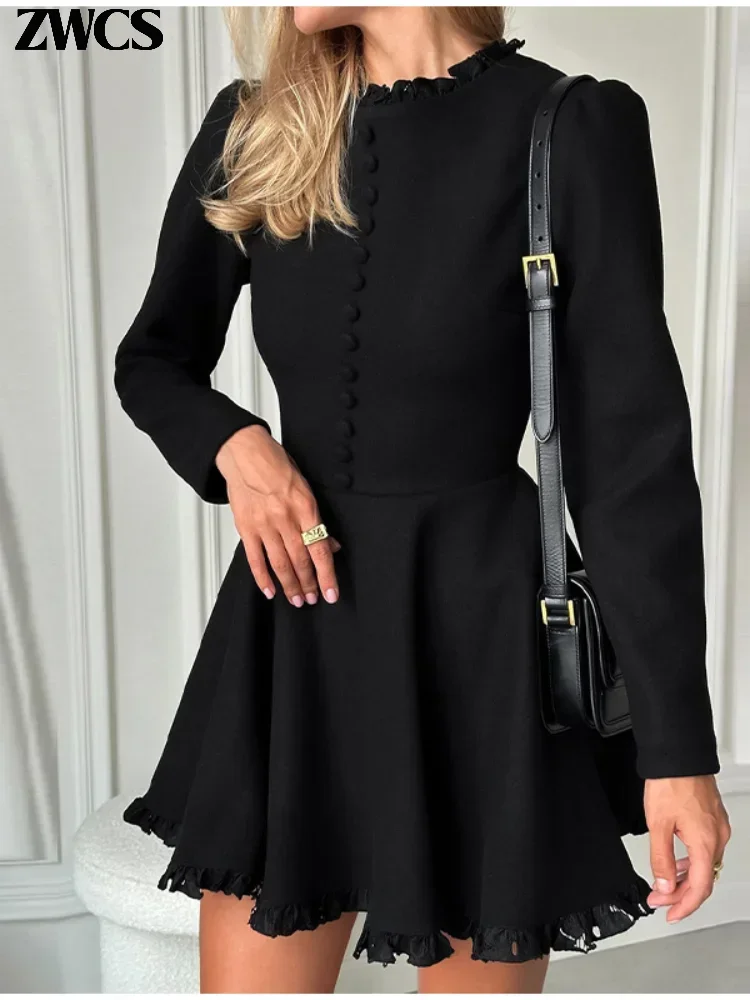 Ruffle Stand Collar Long Sleeve Mini Black Prom Dress - Image 2