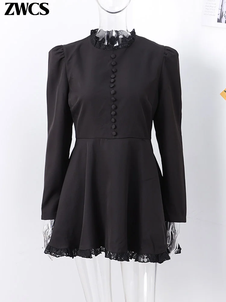 Ruffle Stand Collar Long Sleeve Mini Black Prom Dress - Image 5
