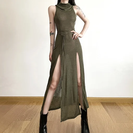 Gothic Sleeveless Hooded Y2K Punk Grunge High Slit Bodycon Dress - Image 2