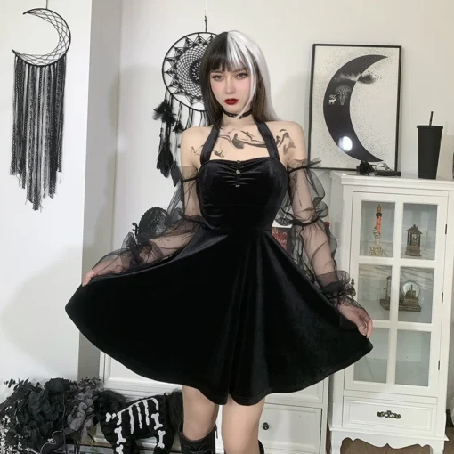 Black Prom Dresses Gothic Lolita Backless Suspender Velvet Mini Dress - Image 3