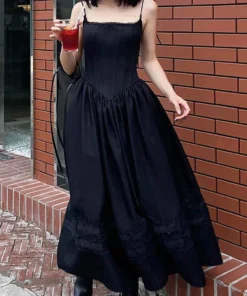 Lace Pleated A-Line Backless Spaghetti Strap Gothic Style Black Prom Dress