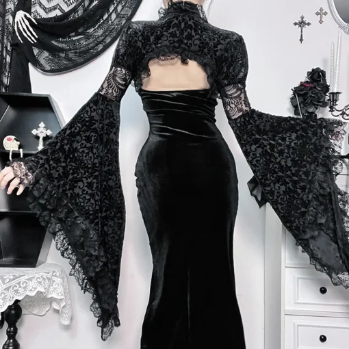 Gothic Dark Elegant Velvet Cheongsam Evening Dress Lace Partywear - Image 6