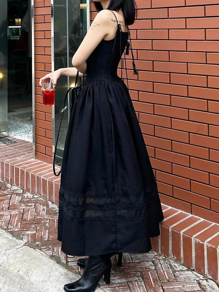 Lace Pleated A-Line Backless Spaghetti Strap Gothic Style Black Prom Dress - Image 5